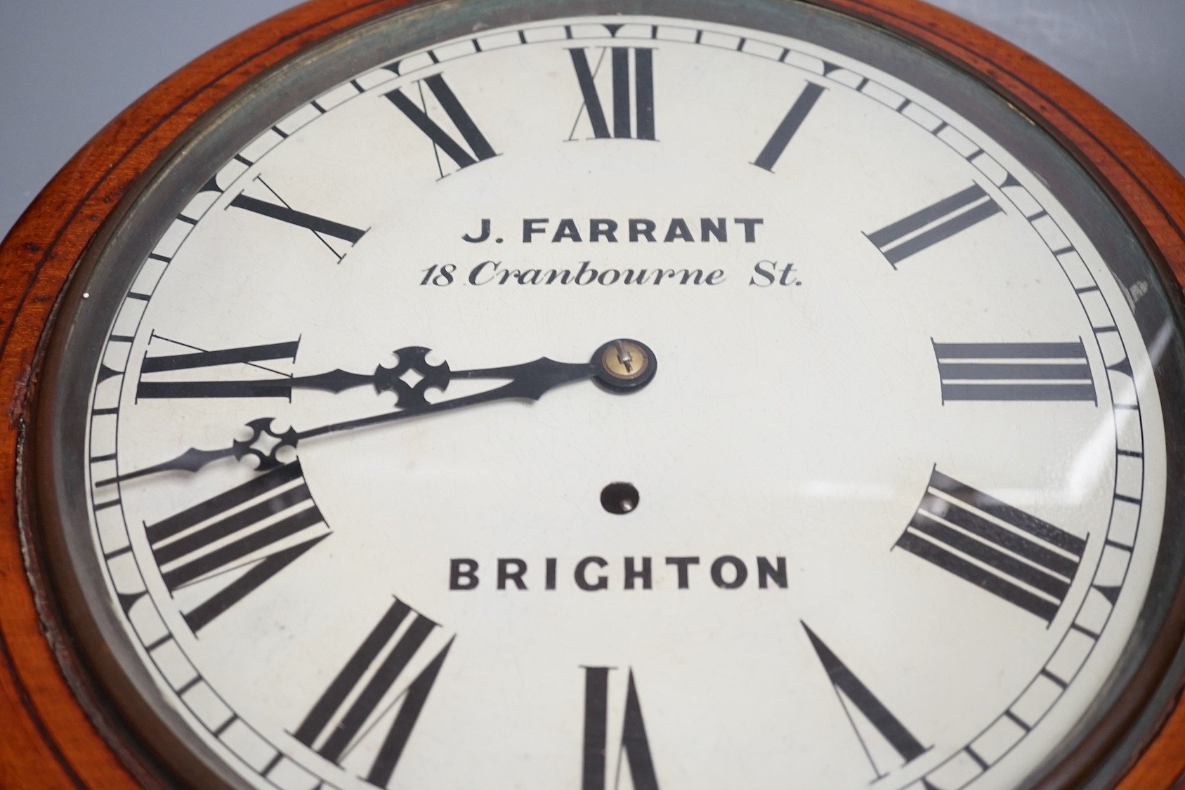 J Farrant, Brighton, 8 day mahogany cased wall timepiece - 38.5cm diameter